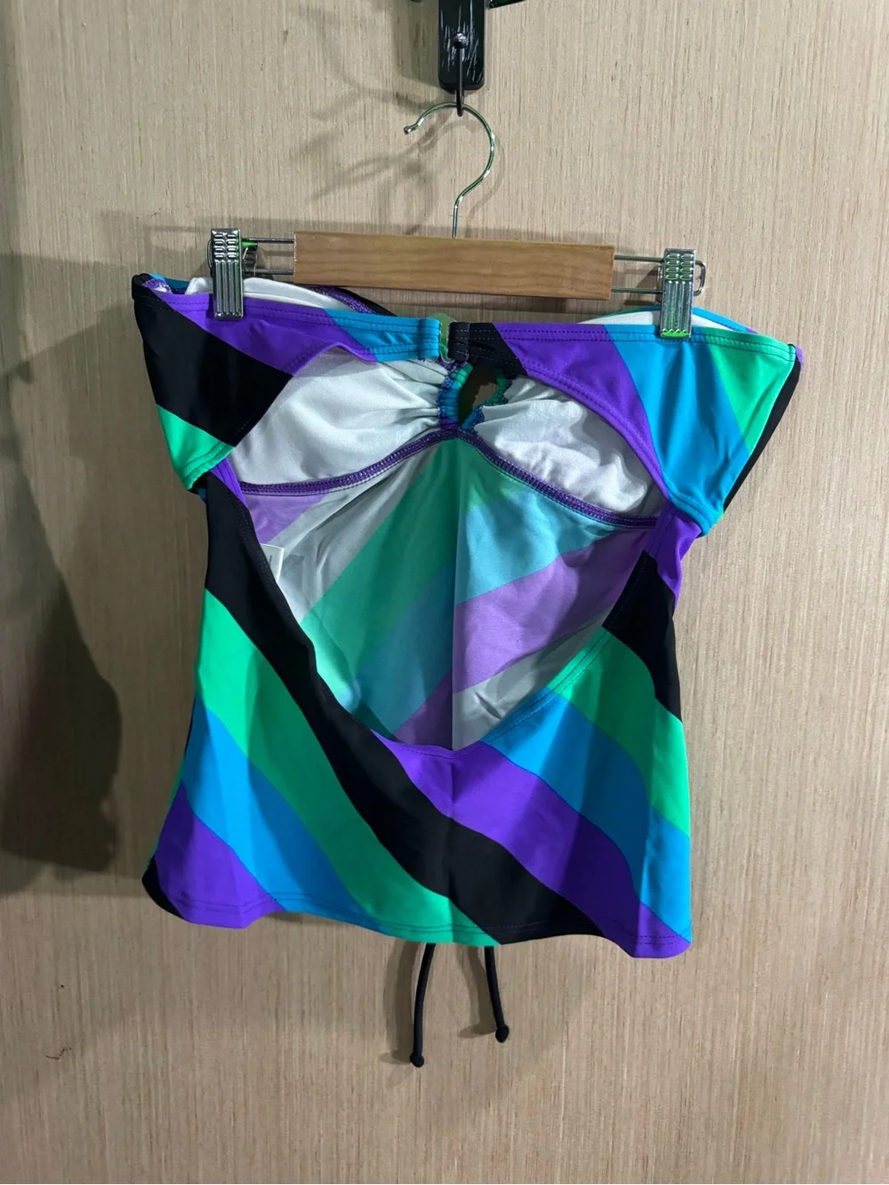 Hula Honey Strapless Ruched Swim Top in Teal, Purple & Black Size Large